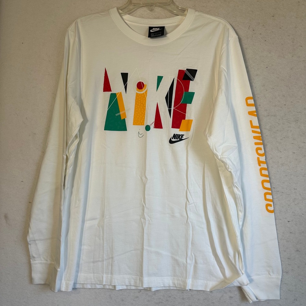 Nike Sportswear sz Large White Long Sleeve Graphic‎ T-Shirt Geometric Puff Print